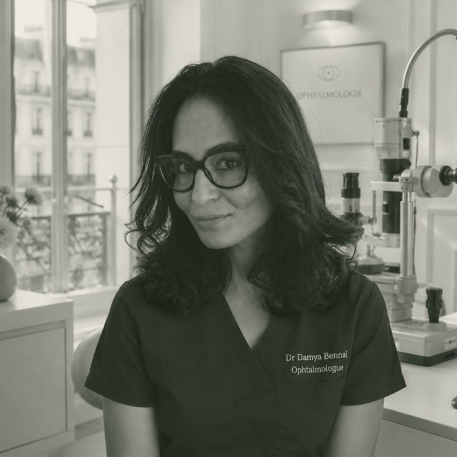 Portrait du Docteur Damya Bennai, médecin ophtalmologue, dans son cabinet de Paris 17ᵉ